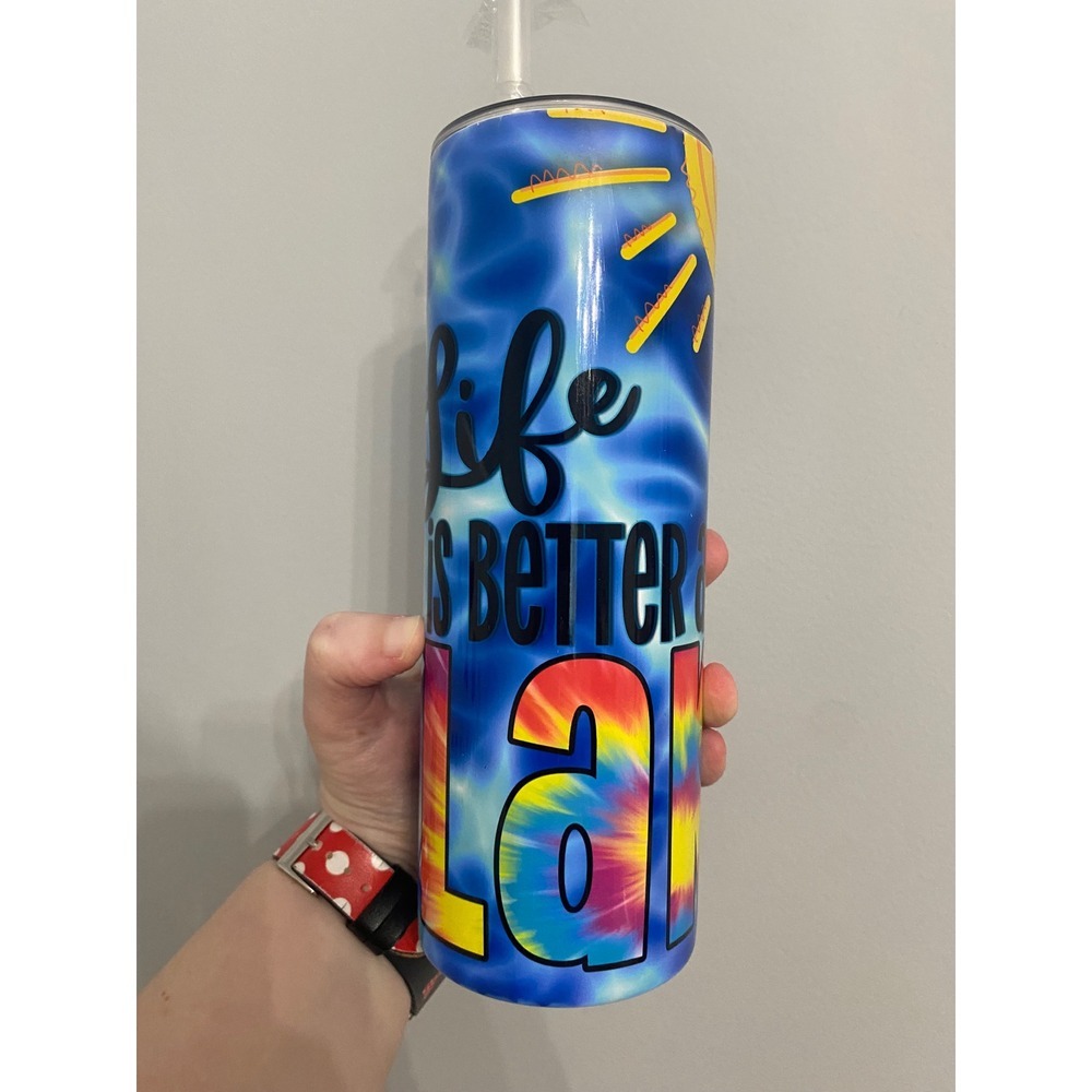 Life is Better at the Lake Tumbler Unisex OS Blue Tie Dye Insulated Skinny Mug - Picture 2 of 8